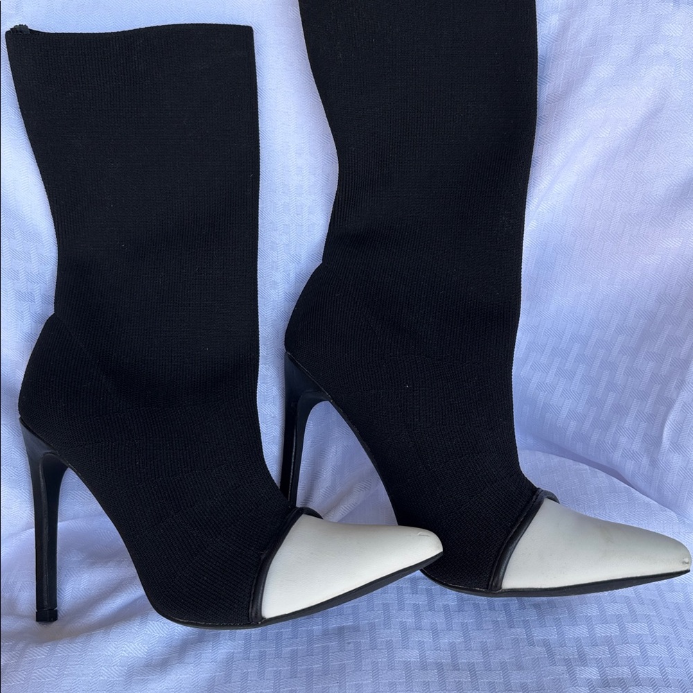 Black and White Pointed Toe Heeled Boots